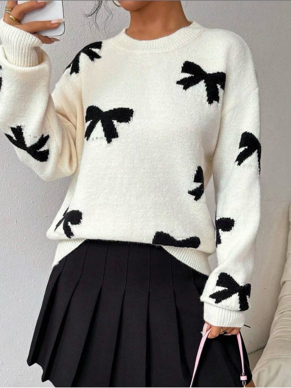 Women's Fashion Bow Print Casual Style Loose Knit Sweater, Pullover